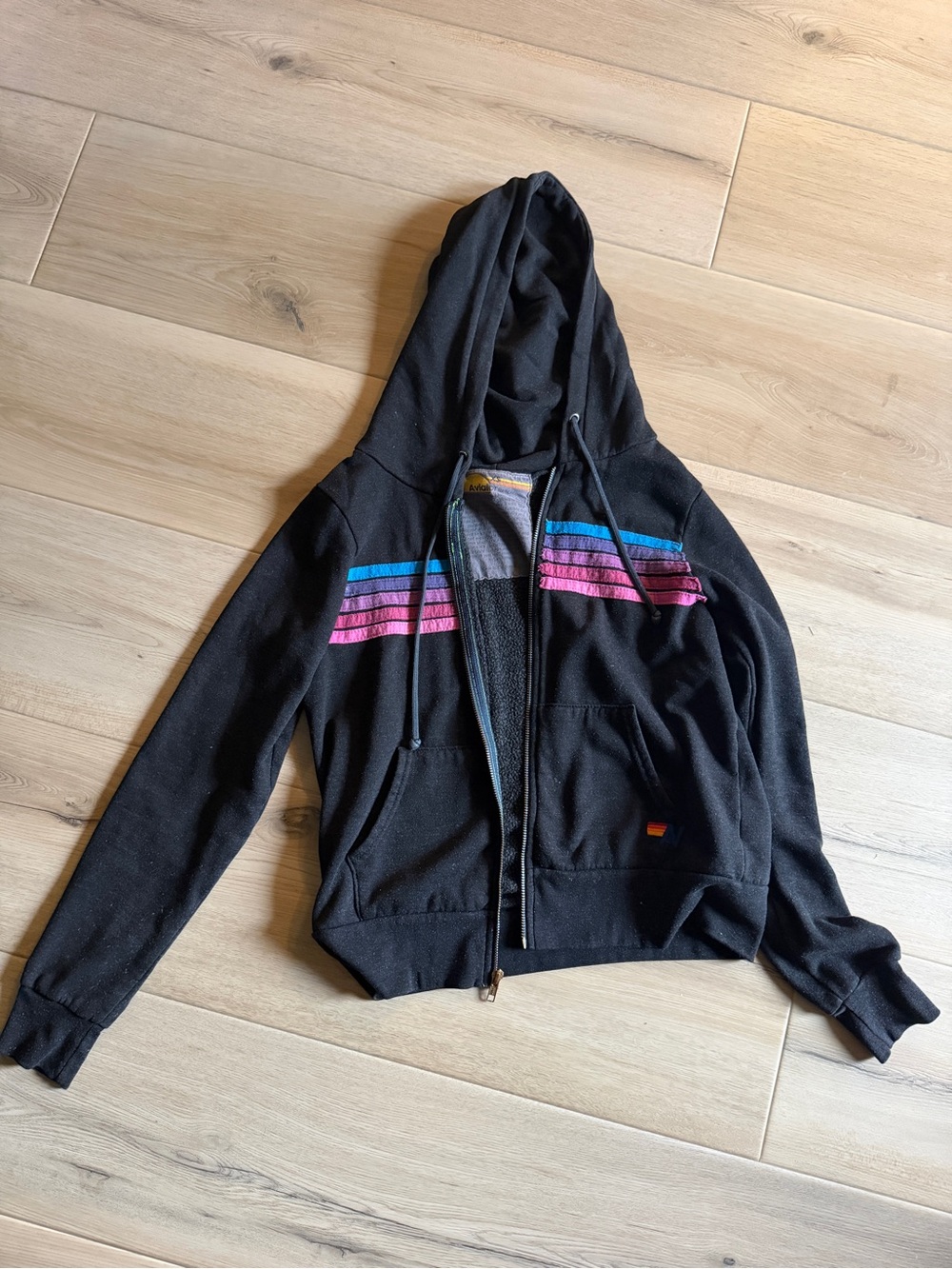 Aviator Nation Black Hoodie with Multicolor Stripe Accents